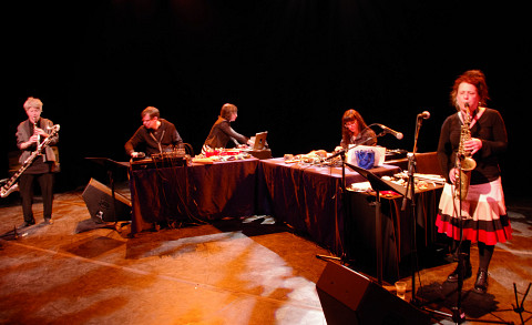Les filles à l’envers in concert on March 8, 2012. Left to right: Lori Freedman; Alexander MacSween; Myléna Bergeron; Magali Babin; Joane Hétu [Photograph: Élisabeth Alice Coutu, Montréal (Québec), March 8, 2012]
