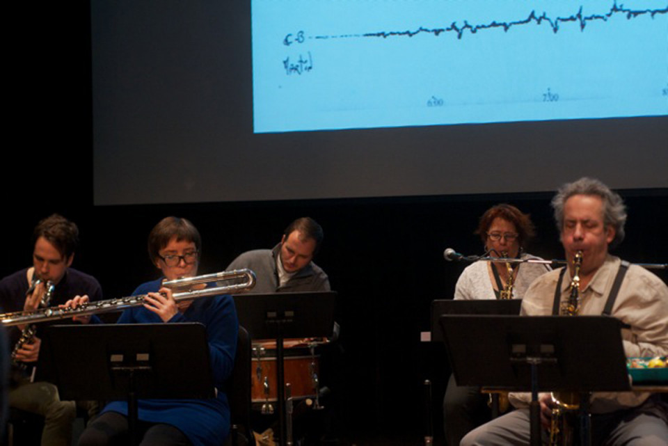 Ensemble SuperMusique (ESM) (left to right: Corinne René; Lori Freedman; Nicolas Caloia; Pierre-Yves Martel) [Photograph: Graham Ord, Montréal (Québec), February 1, 2014]