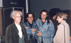 François Bayle, Robert Normandeau, Jean-François Denis, Anne-Marie Marsaguet, GRM’s Studio 116, Maison de Radio France [Photo: Michel Lioret (Ina-GRM), Paris (France), June 6, 1994]