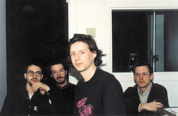 Claude Schryer, Daniel Scheidt, Jean-François Denis, Robert Normandeau during the tour “Traces électro — Canada 91”, Obscure [Quebec City (Québec), March 9, 1991]