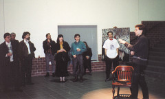 Christian Calon, Claude Schryer, Jean-François Denis, lors du lancement du disque de Christian Calon, Lignes de vie, premier titre de l’étiquette empreintes DIGITALes, Maison de la culture Frontenac [Montréal (Québec), 31 janvier 1990]