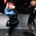 Andrew Harwood, Emmanuel Jouthe, Daniel Soulières, Marc Boivin lors du spectacle Treize lunes [Photo: Céline Côté, Montréal (Québec), février 2007]