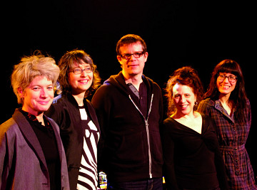 Musicians of the March 8, 2012 concert Les filles à l’envers. Left to right: Lori Freedman; Myléna Bergeron; Alexander MacSween; Joane Hétu; Magali Babin [Photo: Élisabeth Alice Coutu, Montréal (Québec), March 8, 2012]