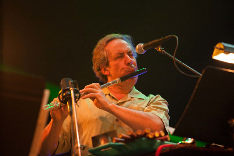 Jean Derome in concert with Ensemble SuperMusique (ESM) at Festival international de musique actuelle de Victoriaville [Photograph: Martin Morissette, Victoriaville (Québec), May 19, 2012]