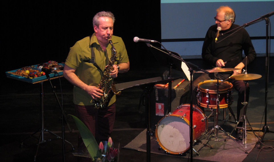 Jean Derome and Pierre Tanguay performing To Continue at the Année Jean Derome launch [Photograph: Céline Côté, Montréal (Québec), April 28, 2015]