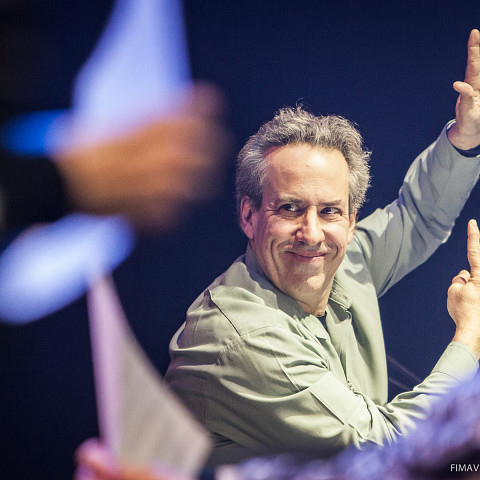 Jean Derome conducting during a concert at FIMAV, 2015 edition [Photograph: Martin Morissette, Victoriaville (Québec), May 14, 2015]