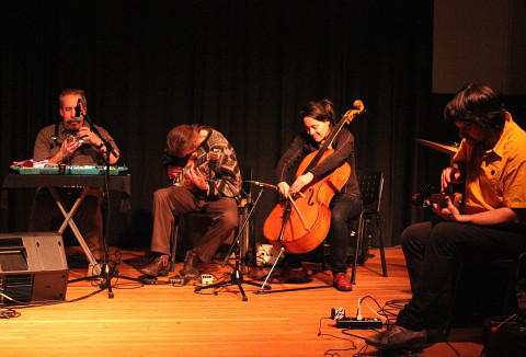 Jean Derome, Tony Wilson, Peggy Lee, Éric Normand improvising together at a concert [Photograph: Laura Krutz Photography, Vancouver (British Columbia, Canada), November 21, 2016]