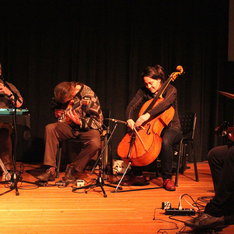 Jean Derome, Tony Wilson, Peggy Lee, Éric Normand improvising together at a concert [Photograph: Laura Krutz Photography, Vancouver (British Columbia, Canada), November 21, 2016]