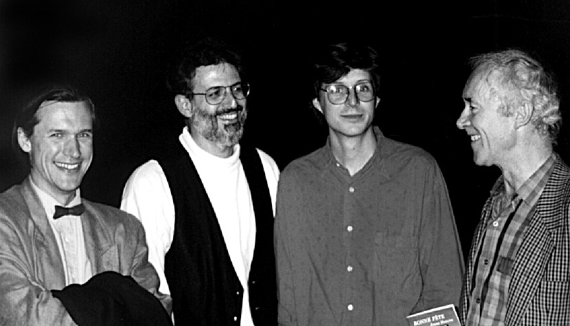 Robert Normandeau, [amirkhanian_ch], Jean-François Denis et Francis Dhomont, Launch of CD Électro clips, Festival Montréal musiques actuelles/New Music America, Théâtre Les Loges [Photo: Martine Blain, Montréal (Québec), November 2, 1990]