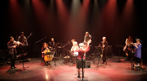 Photography of the stage during the video recording in the Amphithéâtre — Le Gesù [Photograph: Céline Côté, Montréal (Québec), November 26, 2020]