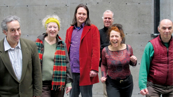 Ensemble SuperMusique (ESM), from left to right: Jean Derome; Danielle Palardy Roger; Scott Thomson; Pierre Tanguay; Joane Hétu; Martin Tétreault [Photograph: Céline Côté, February 14, 2013]