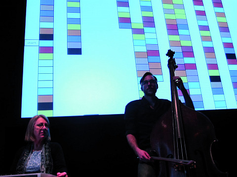 The musicians Diane Labrosse and Aaron Lumley of the Ensemble SuperMusique (ESM) during Machinaction [Photograph: Robin Pineda Gould, Montréal (Québec), November 14, 2013]
