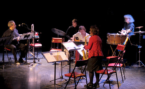 Ensemble SuperMusique (ESM), and Kim Myhr; Jean Derome; Isaiah Ceccarelli; Kim Myhr; Danielle Palardy Roger; Joane Hétu [Photograph: Céline Côté, Montréal (Québec), April 23, 2015]