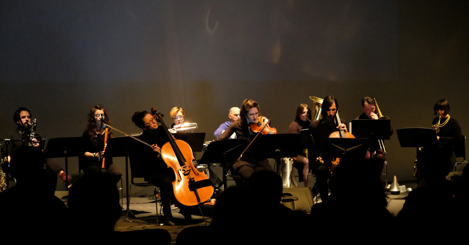 Ensemble SuperMusique (ESM) performs Sandeep Bhagwati’s Sutra piece during the Spationautes concert [Photograph: Céline Côté, Montréal (Québec), April 10, 2019]