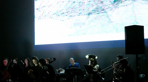 Ensemble SuperMusique (ESM) performs at Spationautes concert the Maxime Corbeil-Perron’s Phosphènes piece [Photograph: Céline Côté, Montréal (Québec), April 10, 2019]