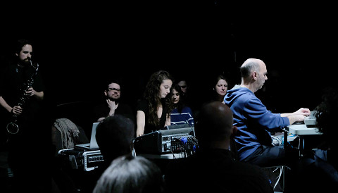 Terri Hron at the console during the performance of his piece Manhattan Bridge by the Ensemble SuperMusique (ESM) [Photograph: Céline Côté, Montréal (Québec), April 10, 2019]