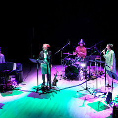 Ensemble SuperMusique (ESM): from left to right: Noam Bierstone, Sarah Albu, Émilie Fortin, Julie Houle, Michel F Côté, Joane Hétu, Luzio Altobelli [Photograph: Céline Côté, Montréal (Québec), May 3, 2023]