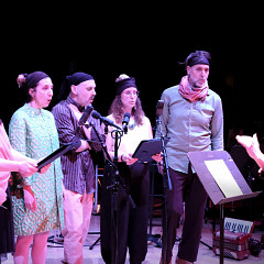 Ensemble SuperMusique (ESM): from left to right: Noam Bierstone, Julie Houle, Sarah Albu, Luzio Altobelli, Émilie Fortin, Michel F Côté, Joane Hétu [Photograph: Céline Côté, Montréal (Québec), May 3, 2023]