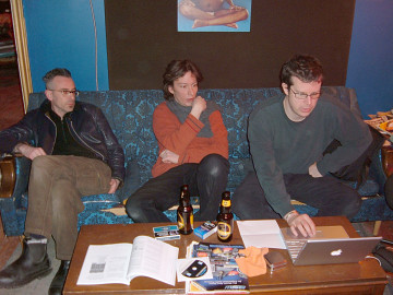 Foodsoon: Fabrizio Gilardino, Bernard Falaise, Alexander MacSween at studio hotel2tango during the recording of Some Love in March 2005 [Photo: Howard Bilerman, March 2005]