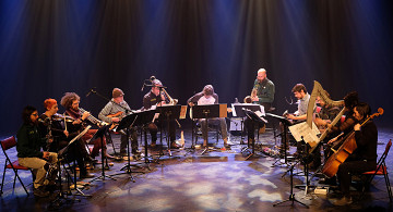 Grand groupe régional d’improvisation libérée (GGRIL) performing Jean-Luc Guionnet’s Tatouage miroir [Photo: Céline Côté, Montréal (Québec), April 7, 2019]