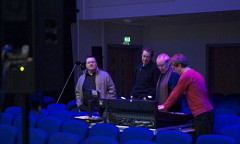 Jonty Harrison, Jean-François Denis, Denis Smalley, Pierre Alexandre Tremblay at the afternoon rehearshal for the concert empreintes DIGITALes @ 20: Cinema for the Ears as part of the Huddersfield Contemporary Music Festival [Photo: Scott Hewitt, Huddersfield (England, UK), November 24, 2010]