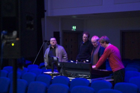 Jonty Harrison, Jean-François Denis, Denis Smalley, Pierre Alexandre Tremblay at the afternoon rehearshal for the concert empreintes DIGITALes @ 20: Cinema for the Ears as part of the Huddersfield Contemporary Music Festival [Photo: Scott Hewitt, Huddersfield (England, UK), November 24, 2010]