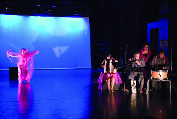Susanna Hood, Alice Tougas St-Jak, Jean Derome, Joane Hétu, Isaiah Ceccarelli, in the piece Cochonne [Photo: Jean-Claude Désinor, Montréal (Québec), October 27, 2010]