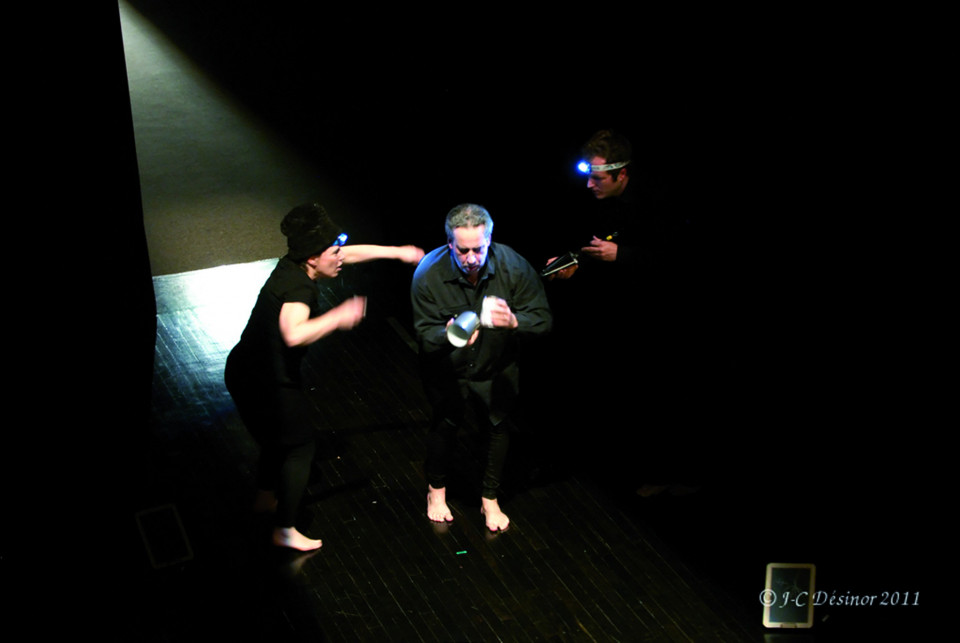 Joane Hétu, Jean Derome, Isaiah Ceccarelli, performing the piece Un artiste de la vie first part of the project À la rencontre de Kafka [Photograph: Jean-Claude Désinor, Montréal (Québec), April 1, 2011]