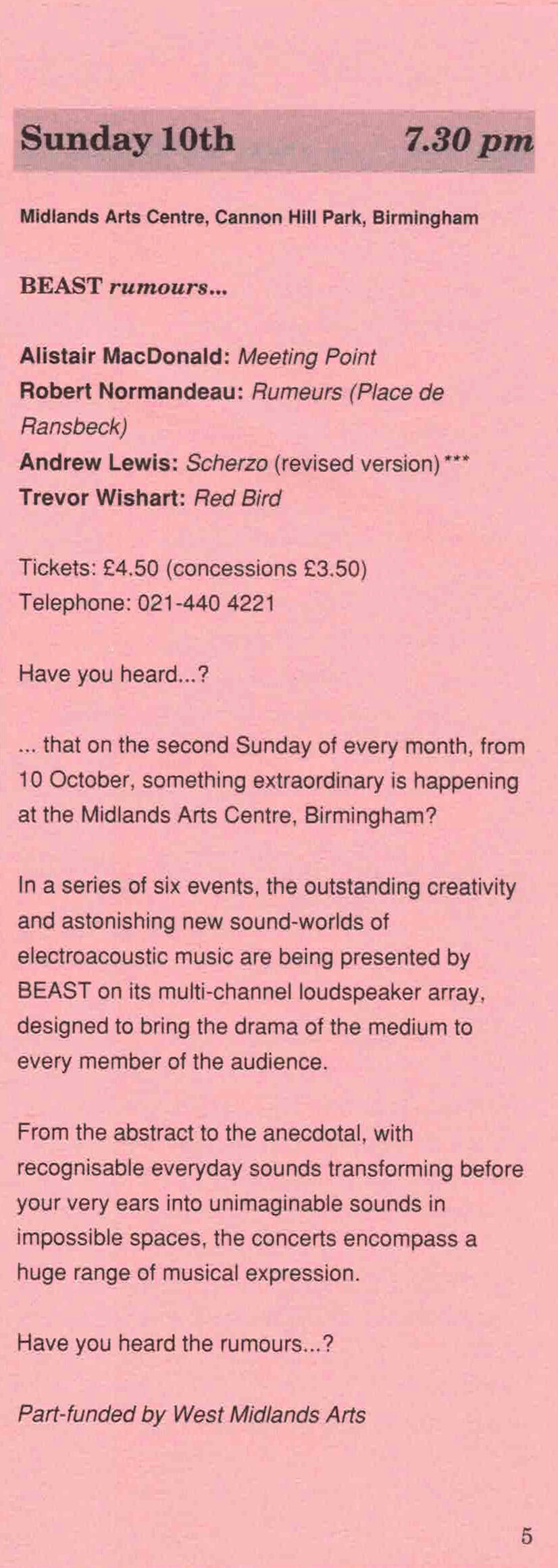Rumours… 93-94: Andrew Lewis - Alistair MacDonald - Robert Normandeau - Trevor Wishart, Foyle Studio – Midlands Arts Centre, Birmingham (Angleterre, Royaume-Uni), Dimanche 10 octobre 1993