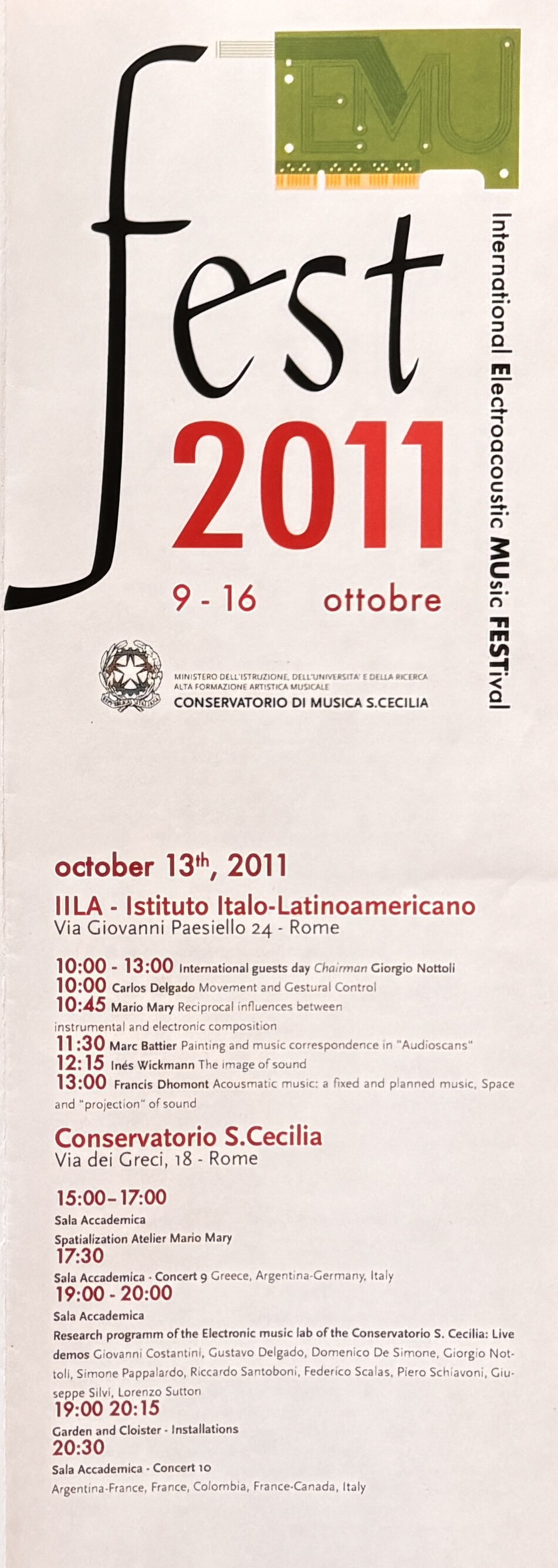 EMUFest 2011: Concert 10: Ospiti Internazionali, Sala Accademica – Conservatorio di Santa Cecilia, Rome (Italy), Thursday, October 13, 2011