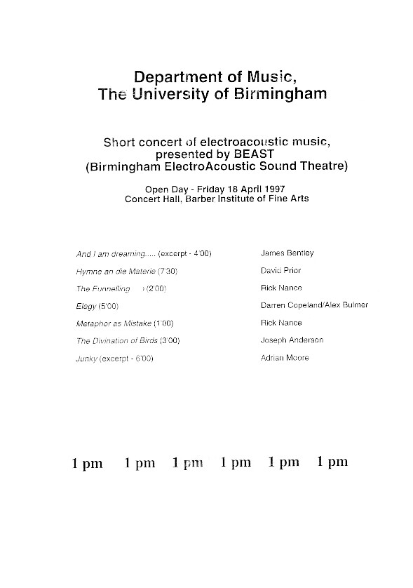 Open Day Short Concert, Concert Hall – The Barber Institute of Fine Arts – University of Birmingham, Birmingham (Angleterre, Royaume-Uni), Vendredi 18 avril 1997