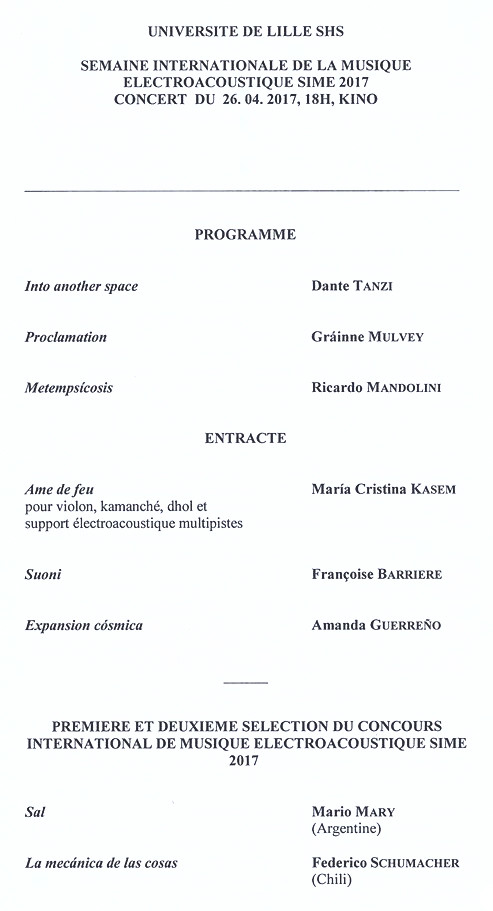 SIME 2017: Concert 3, Kino Ciné – Campus Pont de Bois – Université Lille, Villeneuve d’Ascq (Nord, France), Wednesday, April 26, 2017