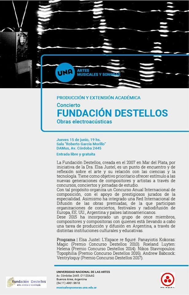 Concierto Fundación Destellos, Sala Roberto García Morillo – Universidad Nacional de las Artes, Buenos Aires (Argentine), Jeudi 15 juin 2017