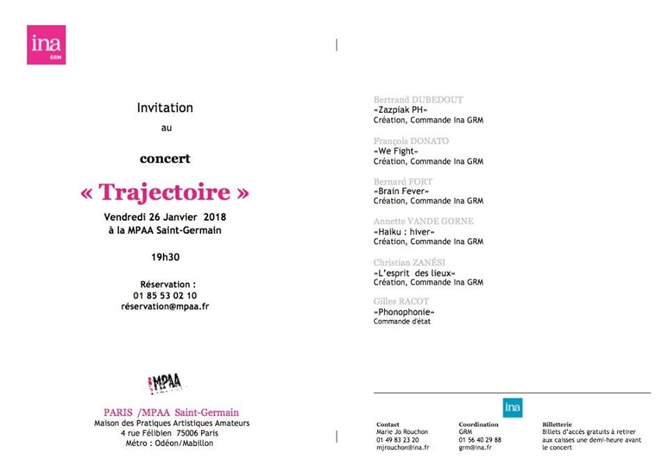 Multiphonies 2017-18: Trajectoire 1: Compagnons de route, Auditorium Saint-Germain – MPAA, Paris (France), Vendredi 26 janvier 2018