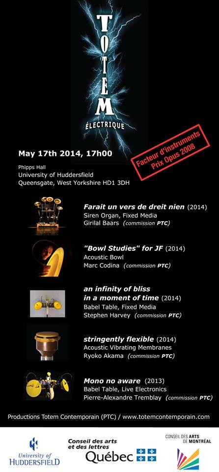 Totem électrique Huddersfield, Phipps Hall – Creative Arts Building – University of Huddersfield, Huddersfield (Angleterre, Royaume-Uni), Samedi 17 mai 2014