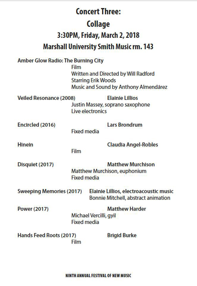 Marshall University New Music Festival: Collage One, Smith Recital Hall – Marshall University, Huntington (West Virginia, USA), Friday, March 2, 2018