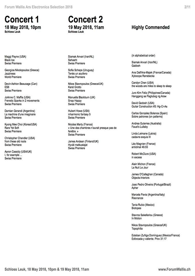 Forum Wallis 2018: Ars Electronica Concert 1, Schloss Leuk, Leuk (Switzerland), Friday, May 18, 2018 / Forum Wallis 2018: Ars Electronica Concert 2, Schloss Leuk, Leuk (Switzerland), Saturday, May 19, 2018