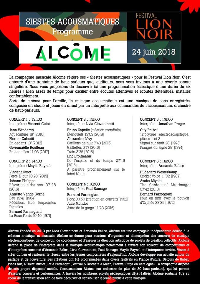 Festival Lion noir 2018: Siestes acousmatiques #3 — Concert 2, Montrouge (Hauts-de-Seine, France), Sunday, June 24, 2018 / Festival Lion noir 2018: Siestes acousmatiques #3 — Concert 6, Montrouge (Hauts-de-Seine, France), Sunday, June 24, 2018