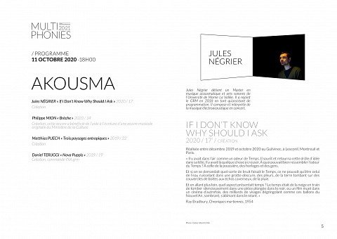 Multiphonies 2020-21: Akousma 2, Studio 104 – Maison de Radio France, Paris (France), sunday, October 11, 2020