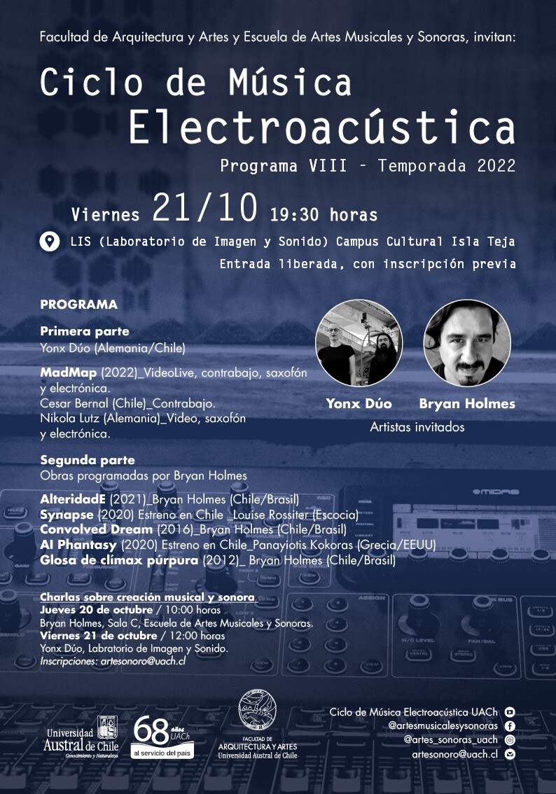 Ciclo de Música Electroacústica UACh: Programa VIII — Yonx Dúo, Bryan Holmes, Laboratorio de Imagen y Sonido (LIS) – Facultad de Arquitectura y Artes – Campus Cultural Isla Teja – UACh, Valdivia (Chile), Friday, October 21, 2022