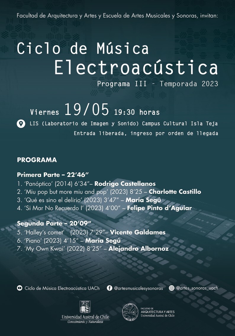 Ciclo de Música Electroacústica UACh: Programa III, Laboratorio de Imagen y Sonido (LIS) – Facultad de Arquitectura y Artes – Campus Cultural Isla Teja – UACh, Valdivia (Chili), Vendredi 19 mai 2023