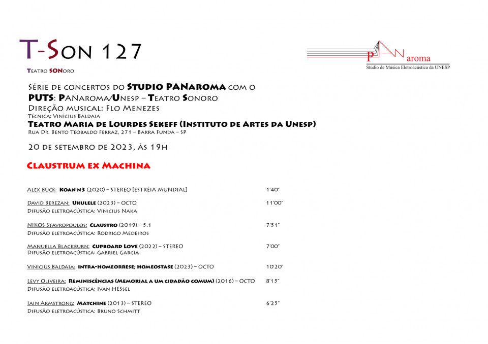 T-Son: T-Son 127: Claustrum ex Machina, Teatro Maria de Lourdes Sekeff – Instituto de Artes da Unesp, São Paulo (Brazil), wednesday, September 20, 2023