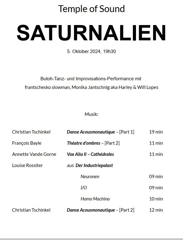 Temple of Sound — Saturnalien, Butoh-Tanz- und Improvisations-Performance, Kamptal-Lichtspiele, Gars am Kamp (Autriche), Samedi 5 octobre 2024