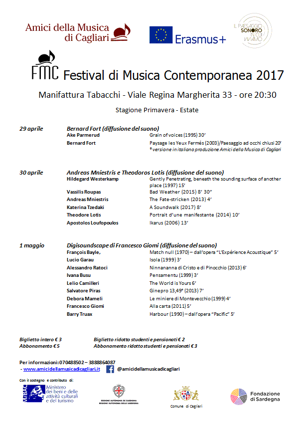 Festival di Musica Contemporanea di Cagliari, Cagliari (Sardinia, Italy), April 29  – May 1, 2017
