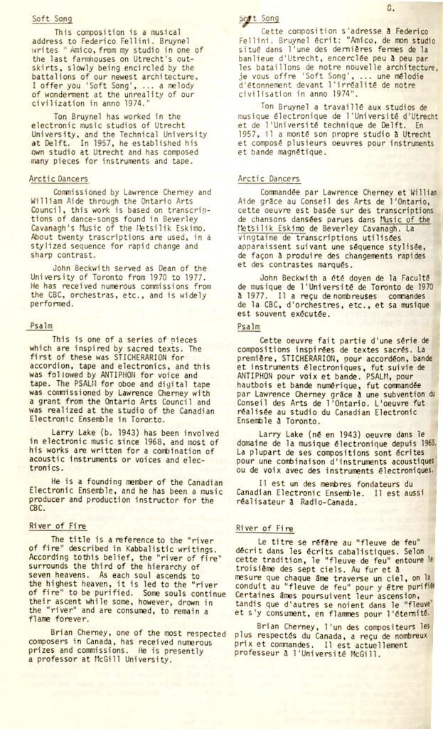 Winds * électroacoutique * Vents, Montréal (Québec), 19 – 22 mars 1985