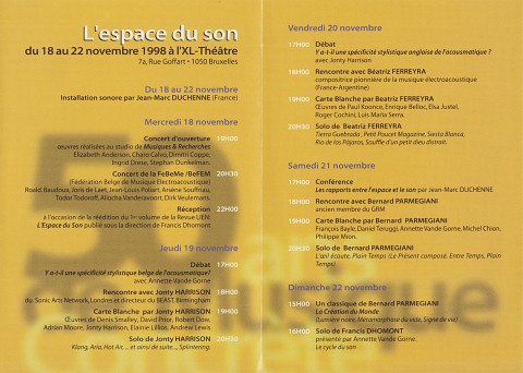 L’Espace du son 1998, Bruxelles (Belgique), 10 octobre – 22 novembre 1998
