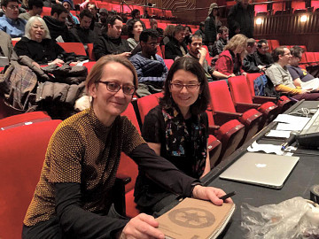 Monique Jean and Elizabeth Hoffman at the Spatialized Sound concert at Skirball Center — New York University [Photo: Pauline Kim Harris, New York City (New York, USA), February 27, 2015]