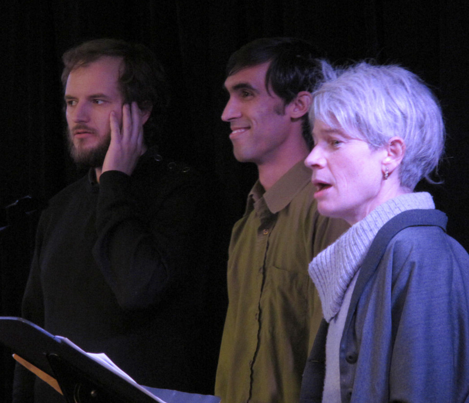 Isaiah Ceccarelli; Gabriel Dharmoo; Lori Freedman singing in the choir Chorale Joker [Photograph: Céline Côté, Montréal (Québec), March 1, 2013]