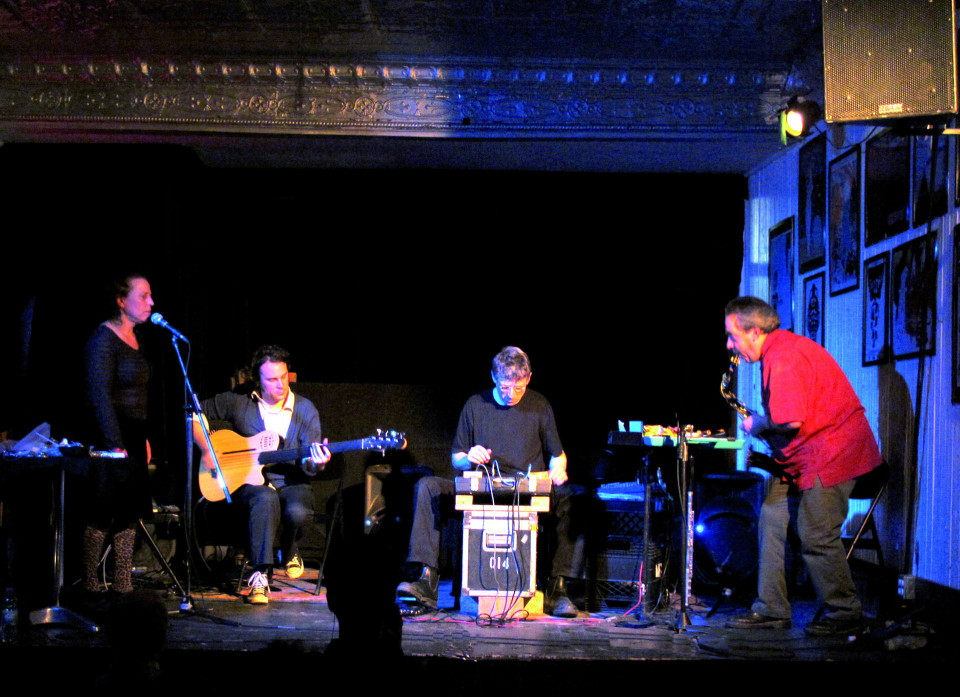 Joane Hétu, Alexandre St-Onge, Thomas Lehn, Jean Derome, in concert in Montréal [Photograph: Céline Côté, Montréal (Québec), April 17, 2012]