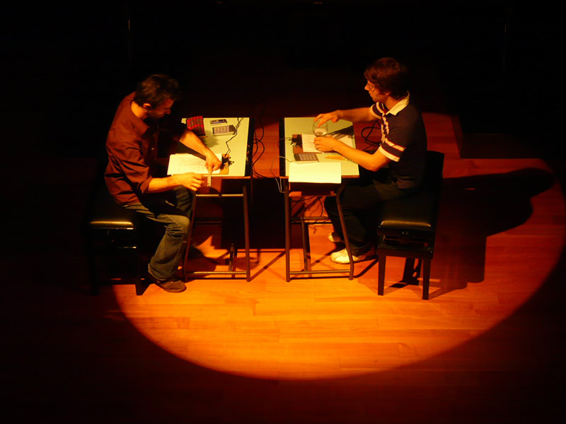 Projet pupitre (Pencil Project) by Martin Messier, Jacques Poulin-Denis atthe International Conference on New Interfaces for Musical Expression (NIME 2008) [Photo: François Houle, Genoa (Italy), June 6, 2008]